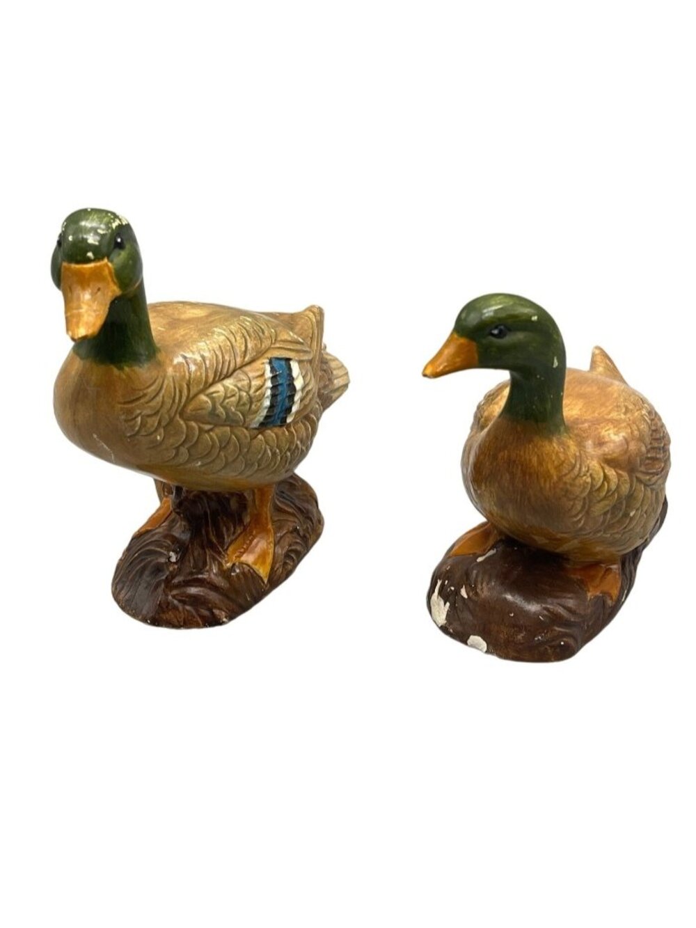 set of 2 Ceramic Duck figurines browns orange green 5.5" long 5" tall READ
